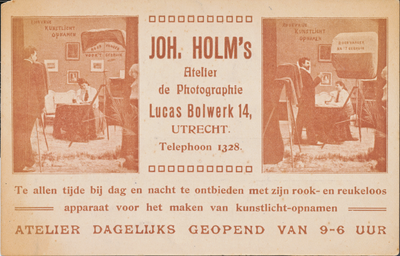 710841 Reclameprentbriefkaart van Joh. Holm’s Atelier de Photographie, Lucasbolwerk 14 te Utrecht.